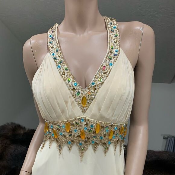 New Sexy V-Neck & Cross Back Beaded Halter Evening Dress - Picture 2 of 16
